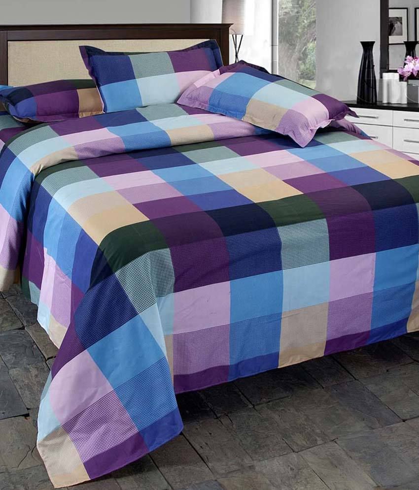 Rose Petal Blue Polyester Checks Double Bed Sheet Buy Rose Petal Blue
