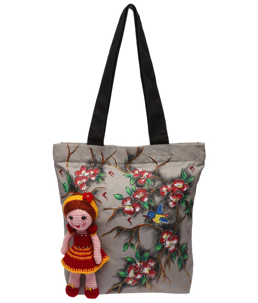 Pranil Designs Hand Painted Canvas Tote Bag With Crochet Doll