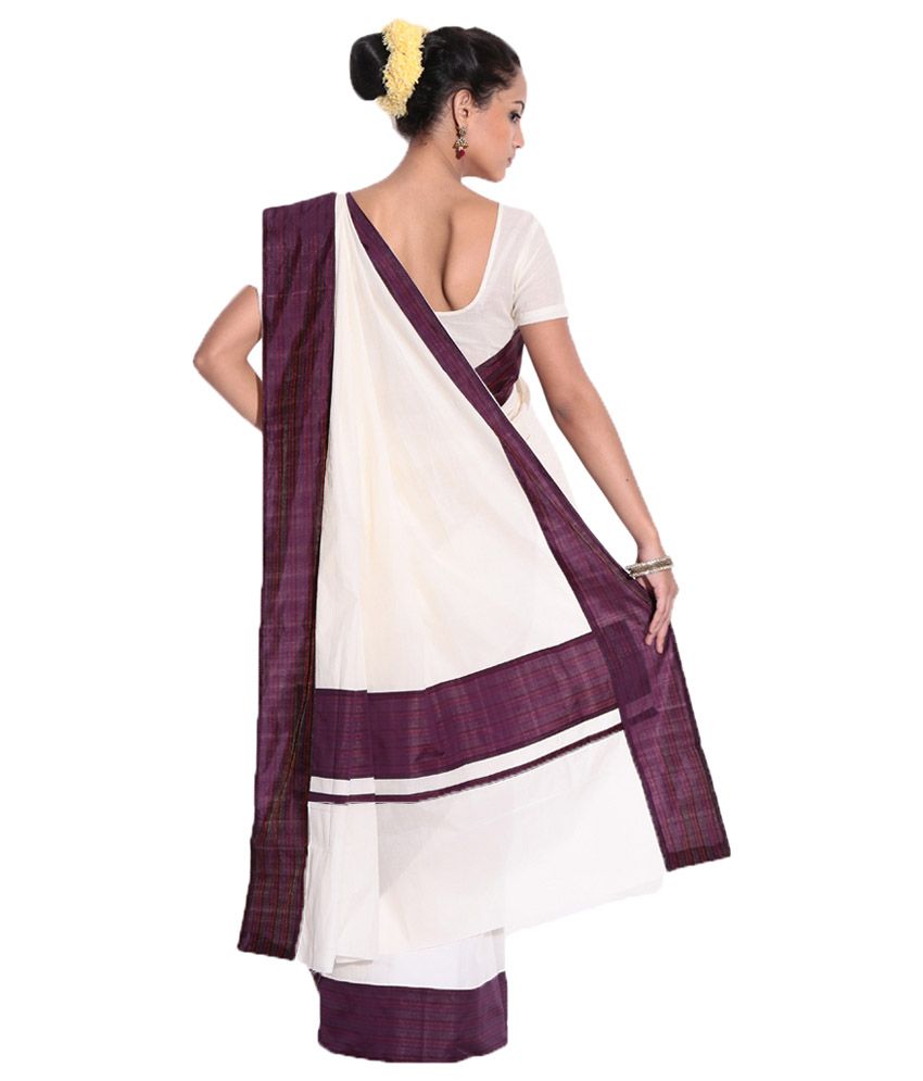 Fashion Kiosks White White Kerala Kasavu Cotton Saree With Matching