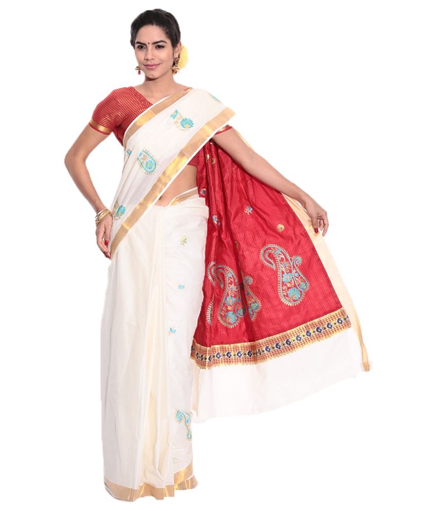 Fashion Kiosks White Kerala Kasavu Cotton Saree With Matching Blouse