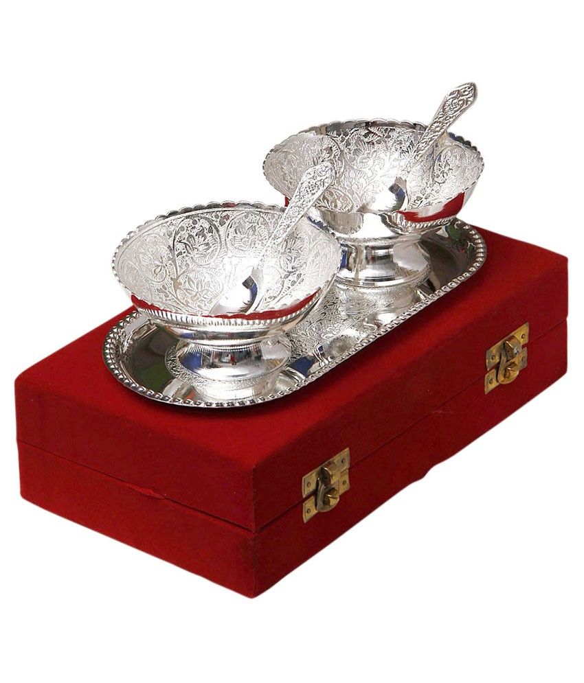 Jaipur Ace Diwali Gifts Silver Plated Brass Bowl With Tray Set Of 5 Pcs