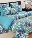 Swayam Turquoise Blue Large Leaf Print Bed Sheet Set