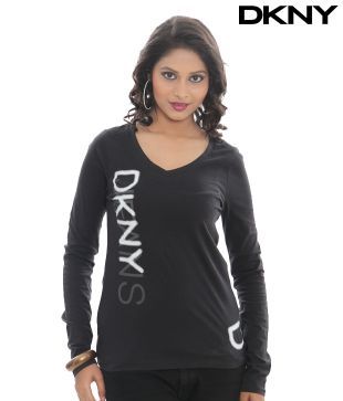 DKNY Black Glow Logo Skinny V-Neck Top