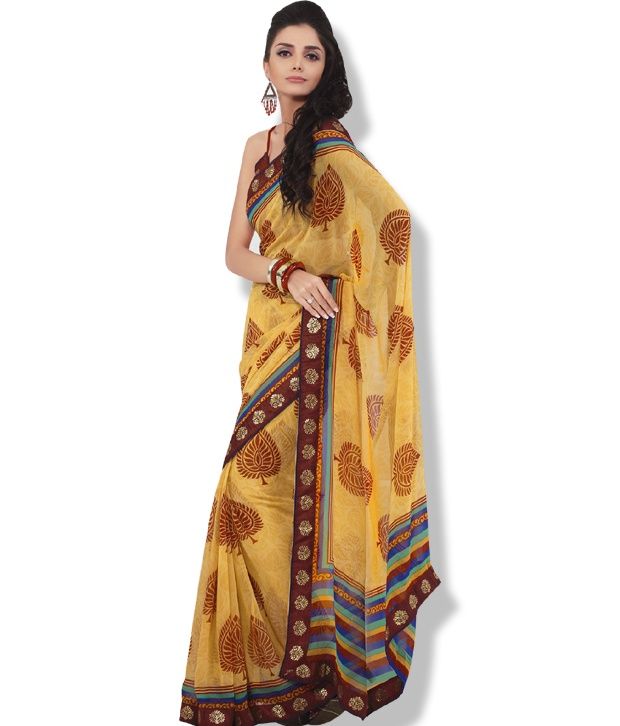 Fabdeal Attractive Deep Yellow Embroidered Saree With Unstitched Blouse
