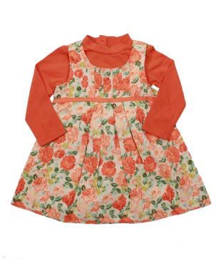 Nauti Nati Vibrant Orange Floral Print Dress For Kids