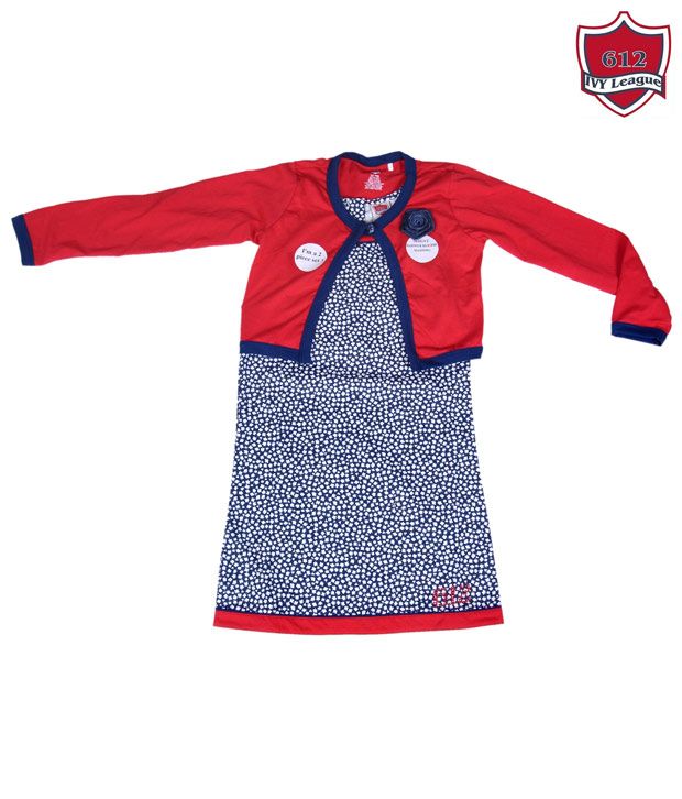 612Ivyleague Red & Navy Tunic Dress With Shrug