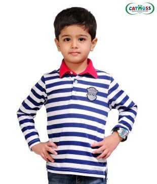 Catmoss Vibrant Blue & White Striped T-Shirt For Kids