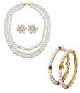 Oleva Three String Pearl Necklace Set & Pair of Pearl Bangles Combo
