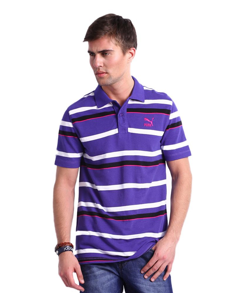Puma Puma Men Purple Striped Pique Polo T Shirt (Violet)