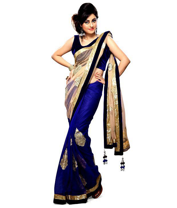 Angel Sarees Blue Faux Chiffon Embroidered Saree With Blouse Piece