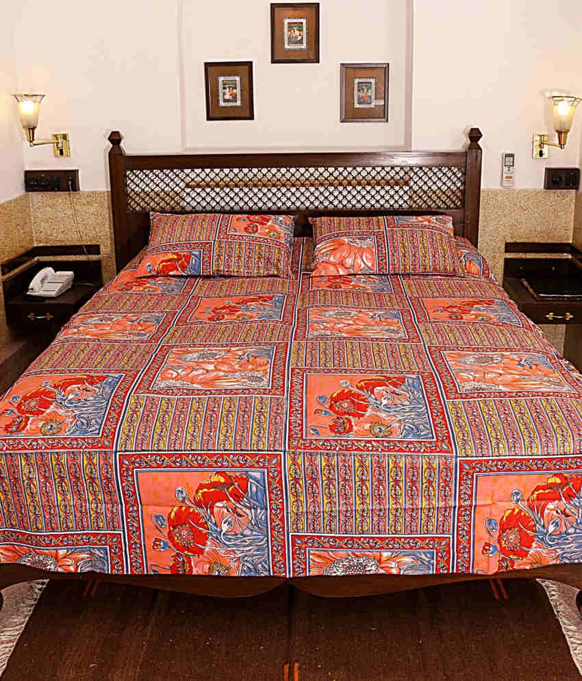 Rajasthani Sarees Orange Cotton Floral Printed Double Bed Sheet Buy