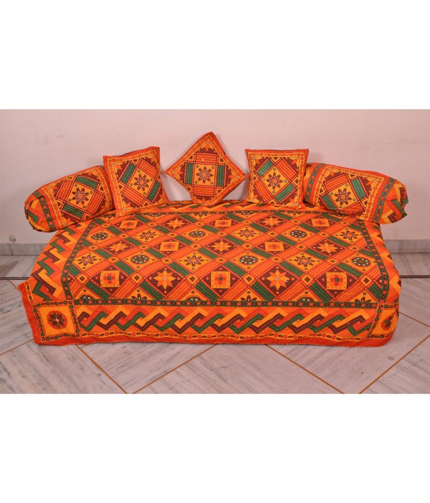 Handicana Sanganeri Multicolor Printed Cotton Diwan Sheet With Pillow