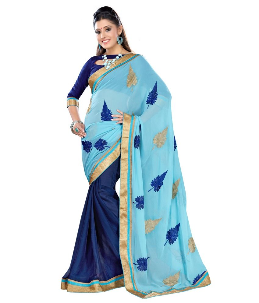 5star Blue Floral Print Chiffon Saree With Blouse Piece ...