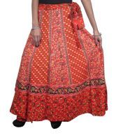 India Trendz Jaipuri Printed Cotton Long Wrap Skirt -orange