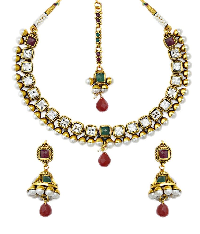 Jewelfin Multicolour Kundan Necklace Set With Maang Tika Buy Jewelfin