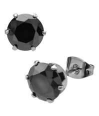Inox Jewelry Black CZ And Silver Stainless Steel Stud Earrings For Men And Women (8mm)