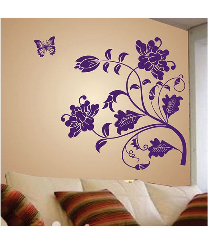 Stickerskart Wall Decals Purple Vine Flower And Butterflies Wall