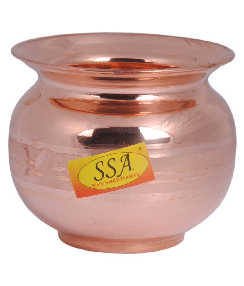 Handmade Pure Copper Kalash Lota Silver Touch Design With Lid Volume