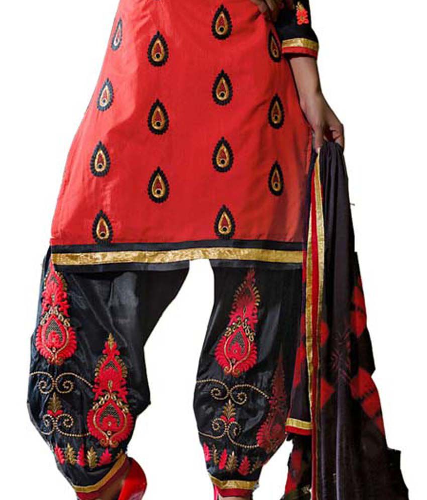 Manha Red Cotton Embroidered Dress Material - Buy Manha Red Cotton ...