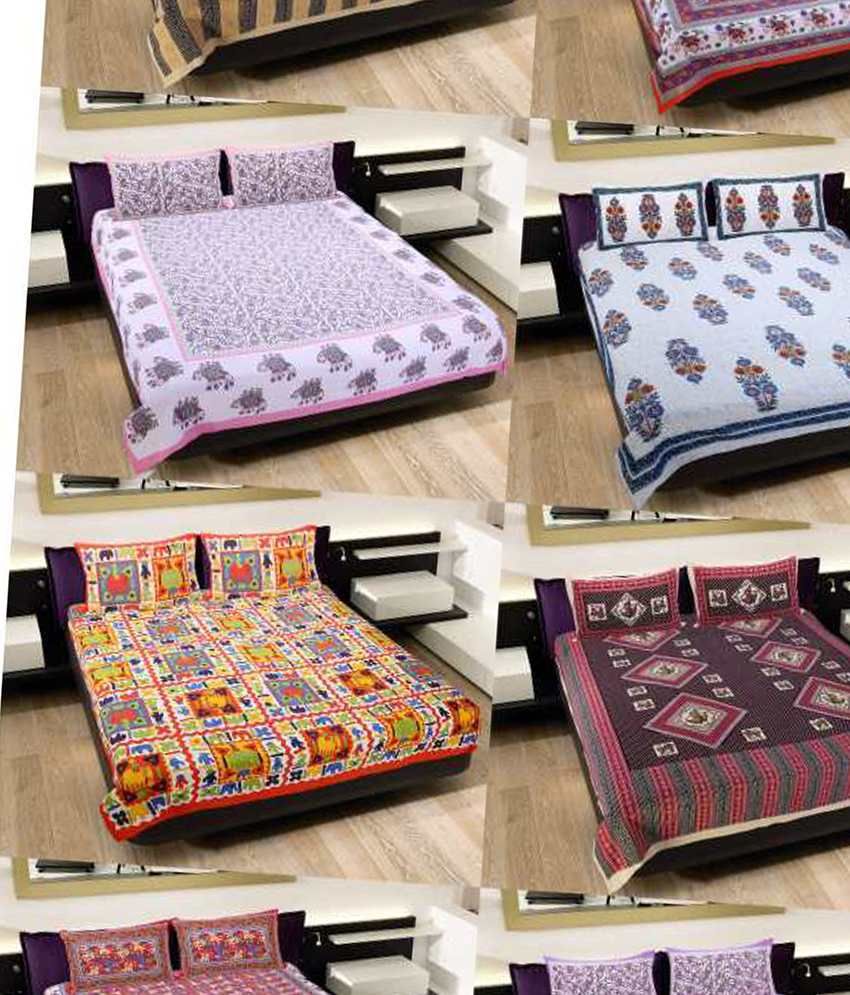 Grj India Rajasthani Jaipuri Print 8 Double Bed Sheet With 16 Pillow