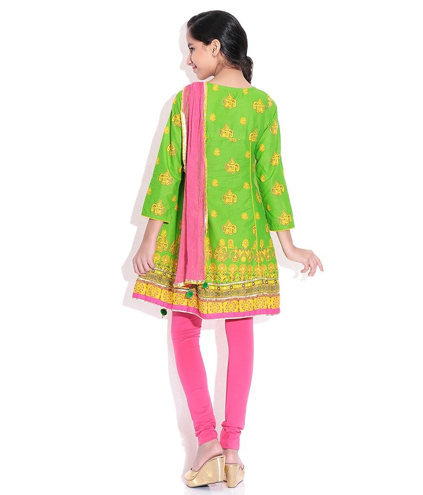 BIBA Green Cotton Salwar Suit for Kids 