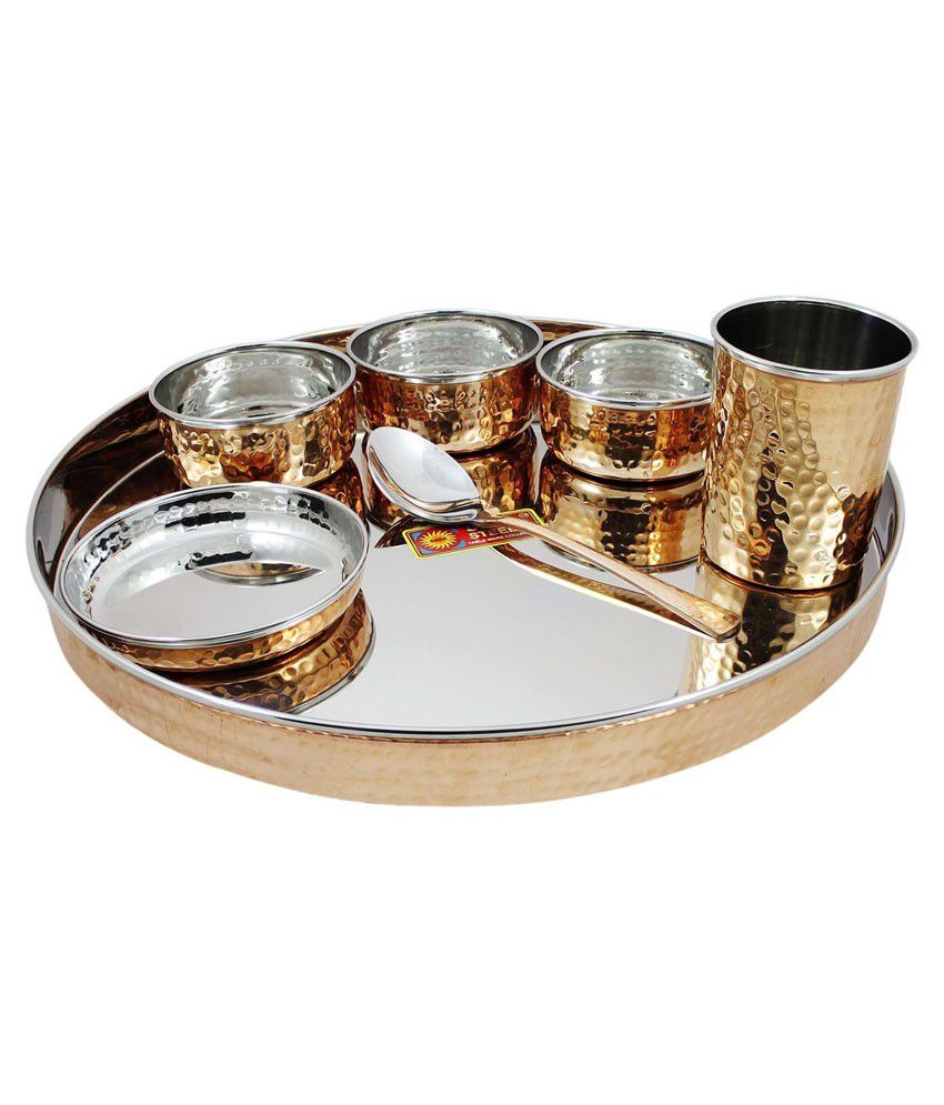 Crafts'man Copper Steel Thali Set : Thali, 3 Bowl, 1 Glass And 1 Spoon