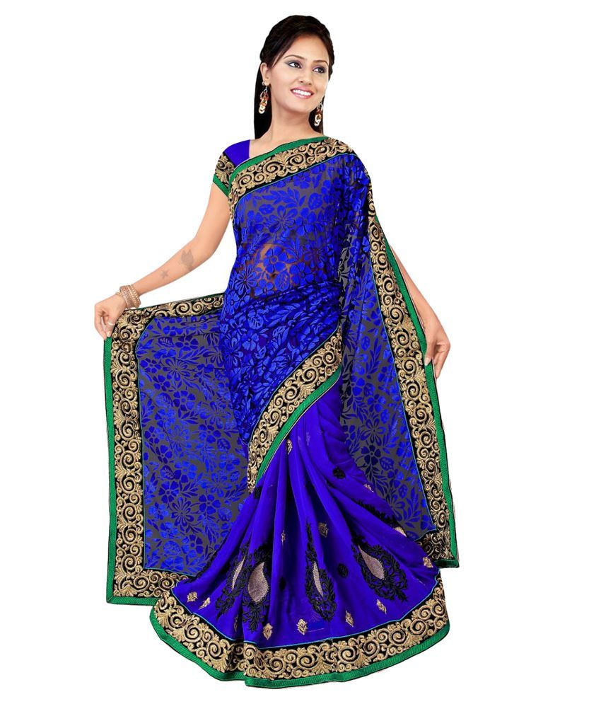 Kalathiya Textiles Blue Faux Georgette Saree - Buy Kalathiya Textiles 