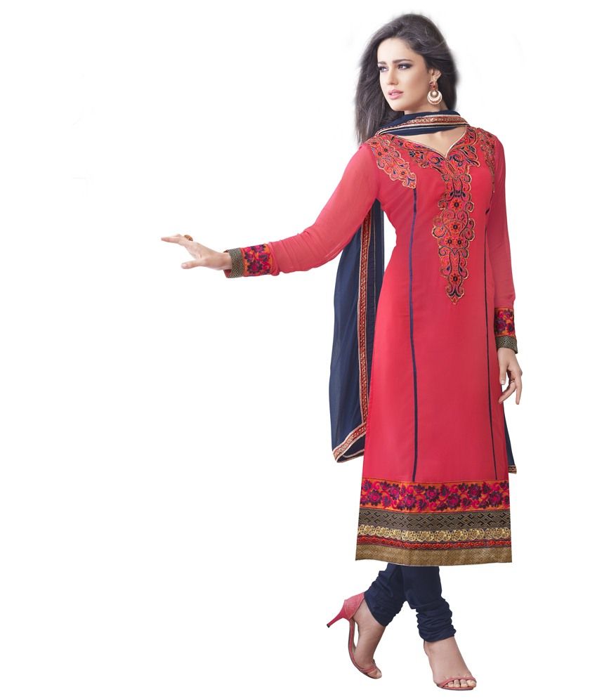 Velvetic Tomato Red And Pink Color Georgette Dress Material Semi Velvetic Tomato Red And Pink Color Georgette Dress Material Semi Sched