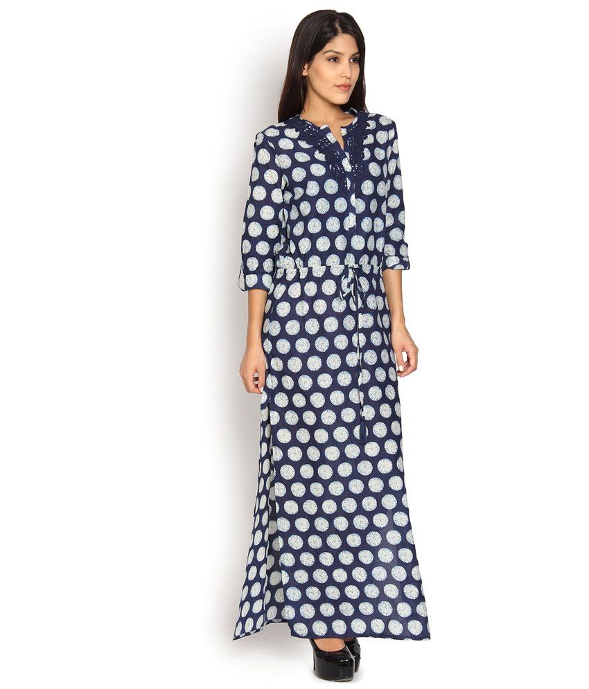 vishudh navy blue printed maxi dress