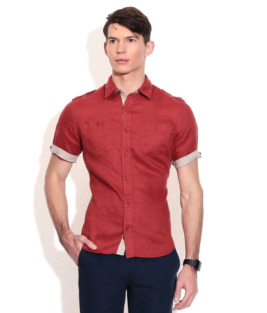 Celio Red Slim Fit Casual Linen Shirt - Buy Celio Red Slim Fit Casual ...