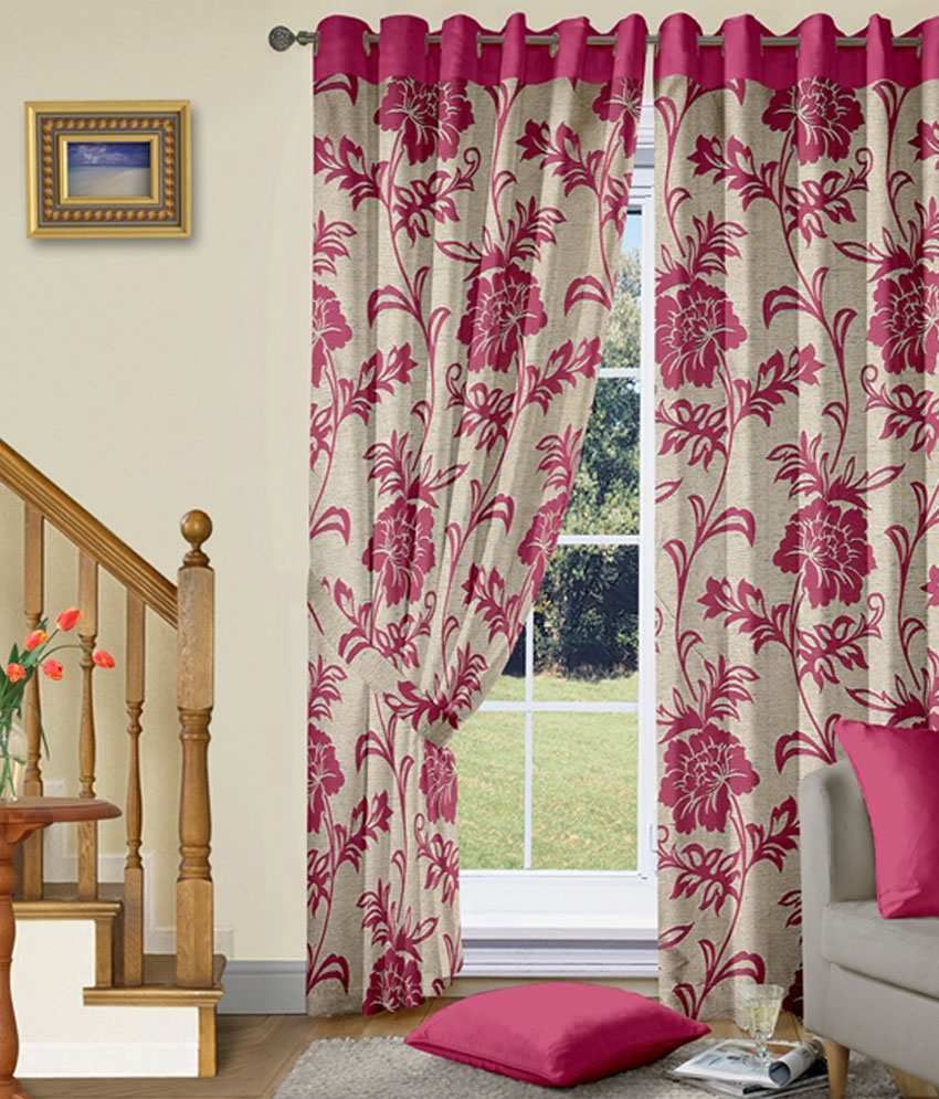 Vorhang Set Of 2 Long Door Eyelet Curtains Floral Pink