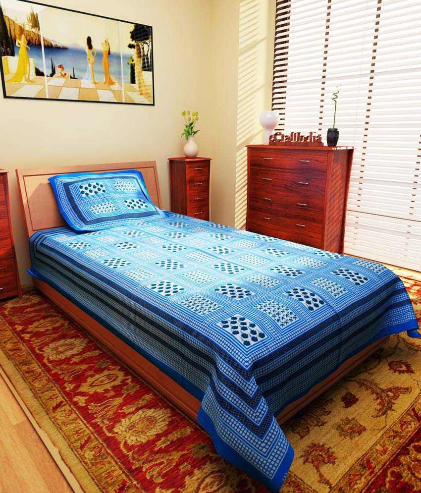 ECraftIndia Blue Cotton Single Bed Sheet With 1 Pillow Cover Buy ECraftIndia Blue Cotton