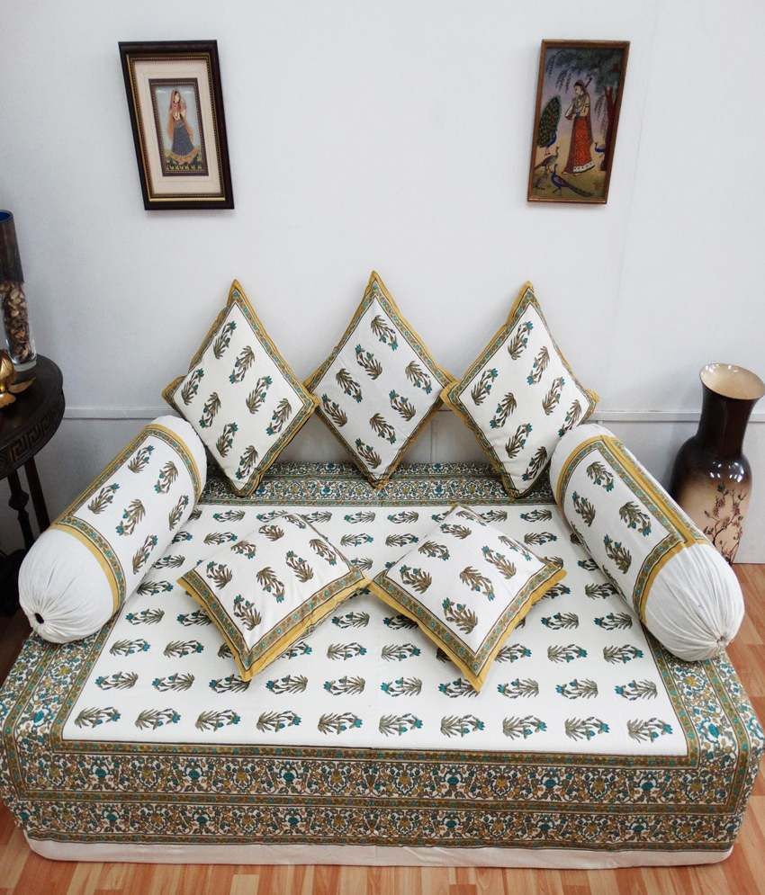Heritagefabs Anokhi Green Diwan Set Single Bed Sheet With 5 Cushion Heritagefabs Anokhi Green Diwan Set Single Bed Sheet With 5 Cushion Covers And 2 Bolster