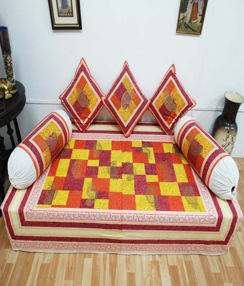 Heritagefabs Anokhi Pink Diwan Set (Single Bed Sheet with 3 Cushion