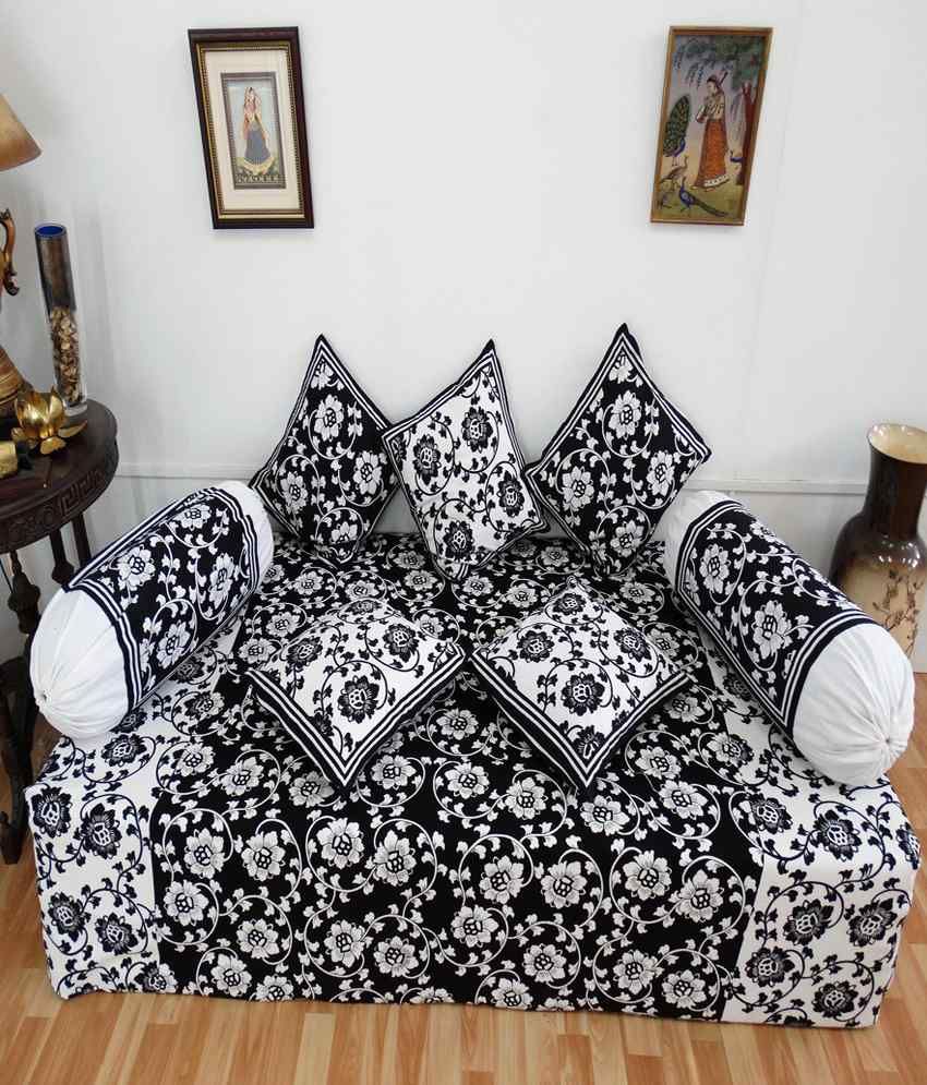 Heritagefabs Desire Black Diwan Set (Single Bed Sheet with 5 Cushion