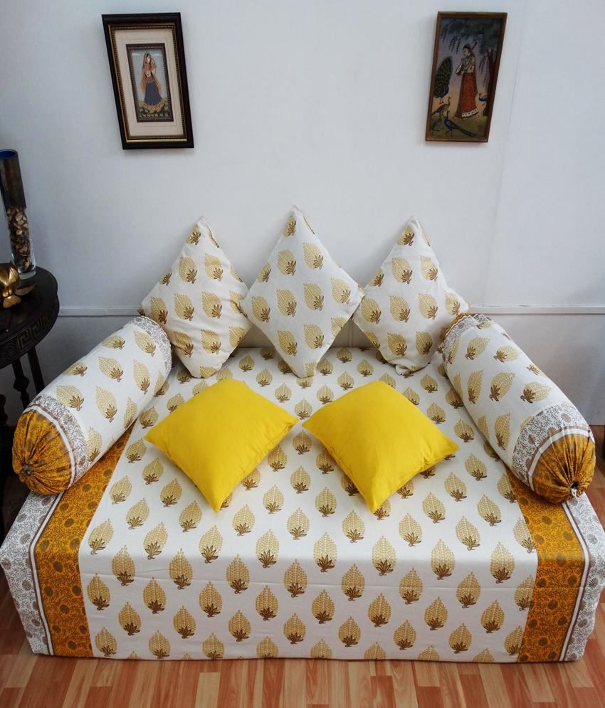 Heritagefabs Goldline Yellow Diwan Set (Single Bed Sheet with 5 Cushion
