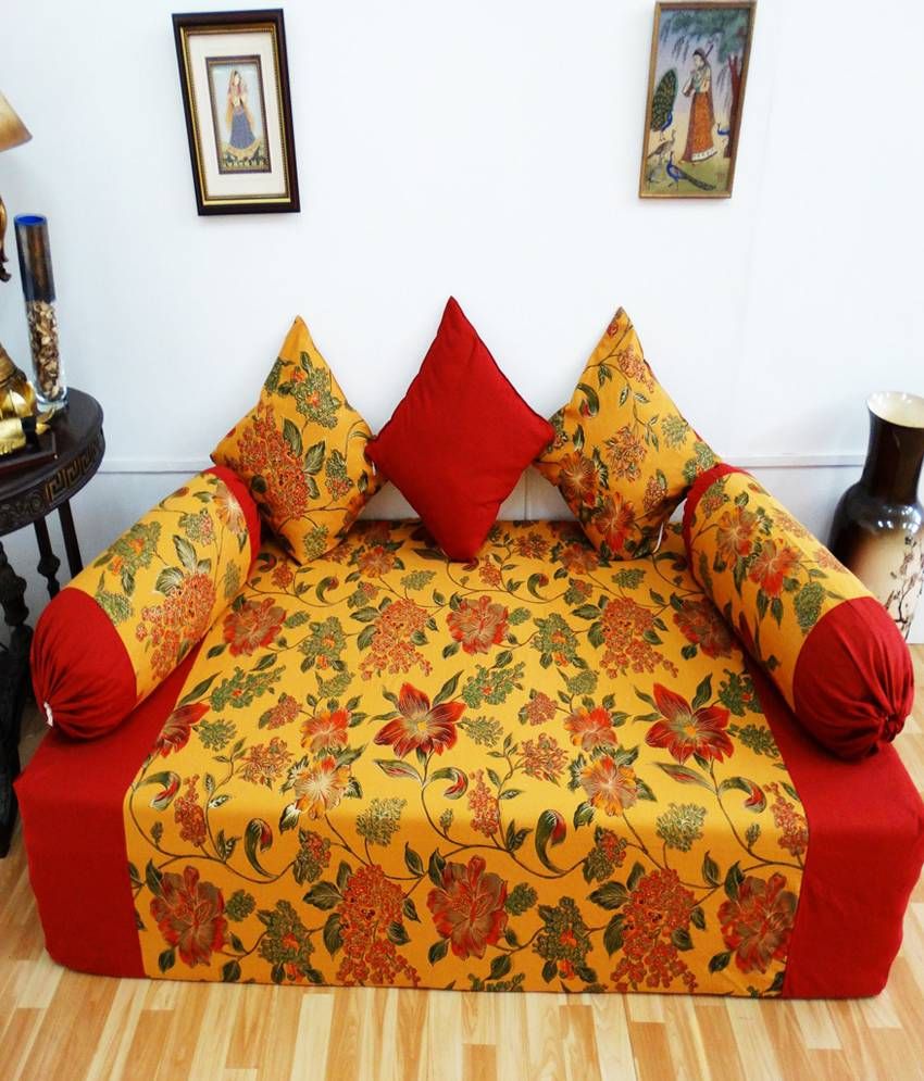 Heritagefabs Royal Touch Red Diwan Set (Single Bed Sheet with 3 Cushion