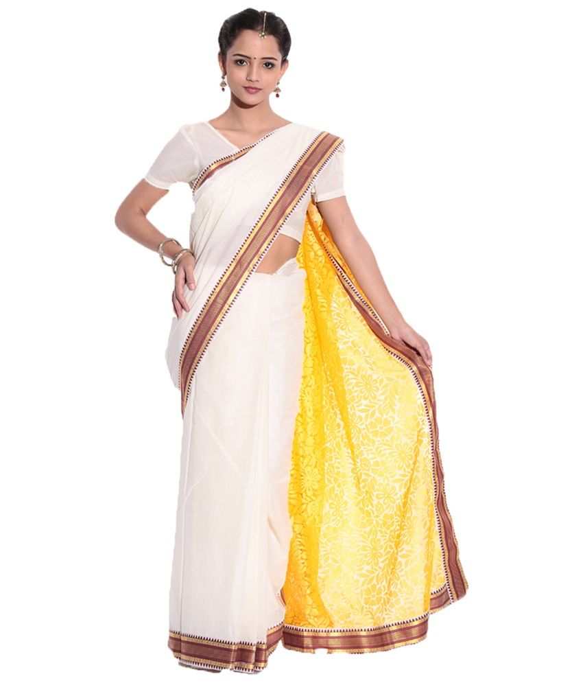 Fashion Kiosks Kerala Kasavu White Cotton Saree with ...