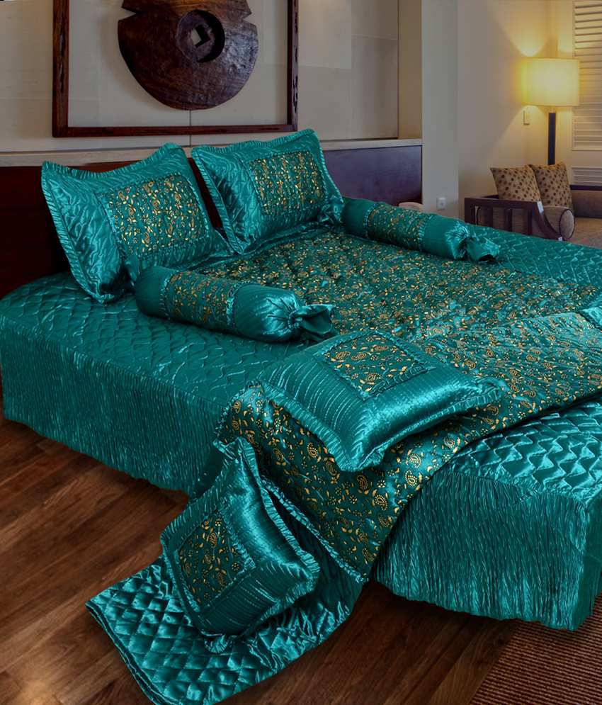 Ooltha Chashma Green Printed Satin Double Wedding Bedroom Bedding Set
