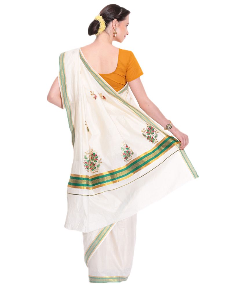 Fashion Kiosks Kerala Kasavu White Cotton Saree with Matching Blouse