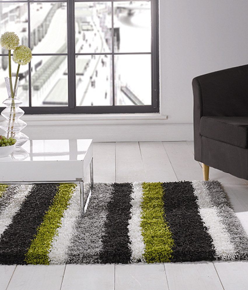 Presto Green & Gray Colour Geometrical Shaggy Carpet 3X5 Ft. Buy