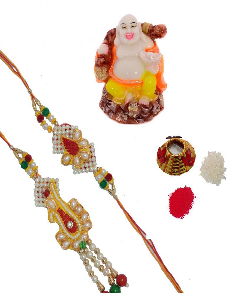     			eCraftIndia Bhaiya Bhabhi Rakhi Set with Feng Shui Buddha with Coin Bag and Roli Tikka Matki