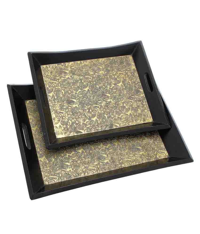 Dolphy Wooden Serving Tray With Hand Carved Brass Design Set Of 2