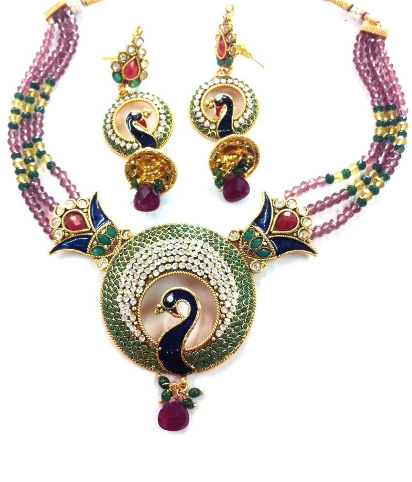 Raj Jewellers Multicolor Silver Alloy Kundan Necklace Set Buy Raj