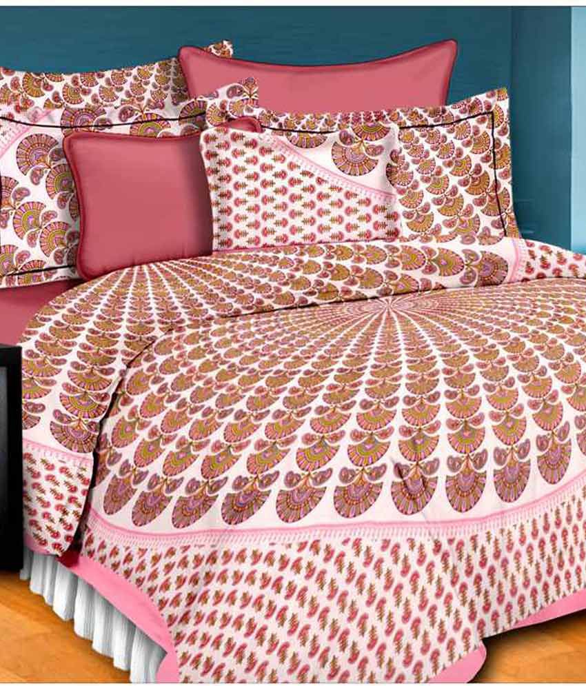     			UniqChoice Pink Round Printed Jaipuri Cotton Double Bed Sheet With 2 Pillow Cover