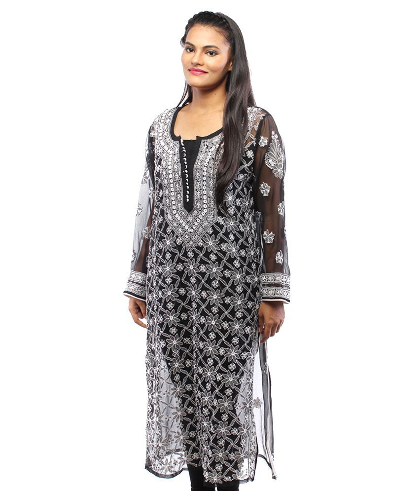 Ada Lucknow Chikankari Hand Made Black Faux Georgette Hand Embroidered ...