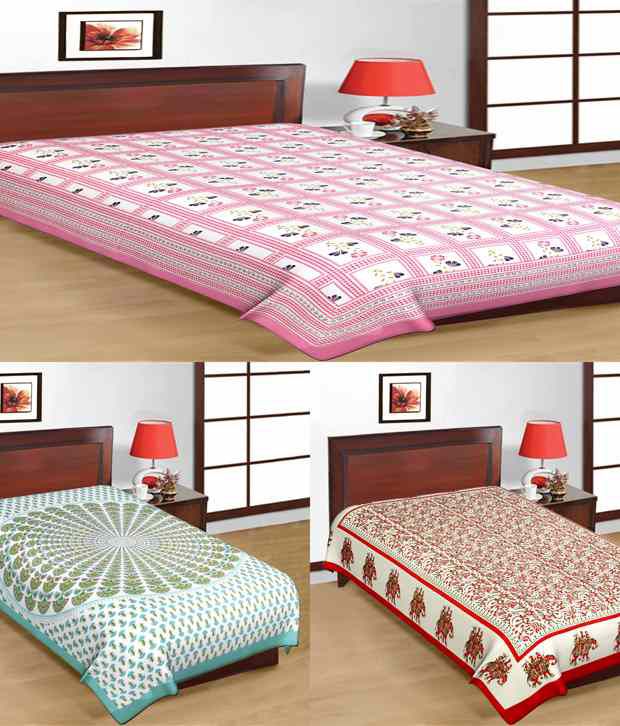     			UniqChoice Sanganeri Printed Multi-Color Cotton 3 Single Bed Sheet Combo