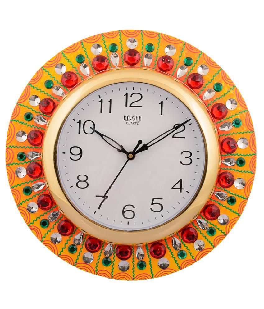     			Ecraftindia Yellow and Red Wooden Wall Clock