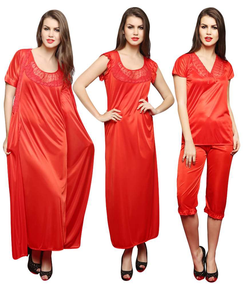     			Clovia Red Satin Nightsuit Sets Pack of 4