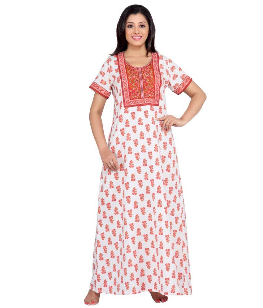 Buy SANA White Cotton Nighty  Embroidered Half Sleeves Non 